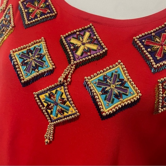 Vintage IB DIFFUSION Artsy Red Large Women Scoop Neck Blouse Embellished Cotton - Picture 2 of 10